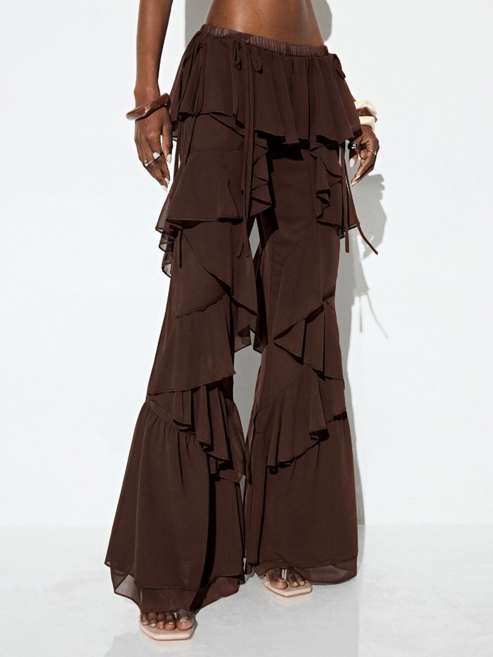 Coffee Brown Casual Women's Chiffon Low-Waisted Pants - Picture 3 of 8